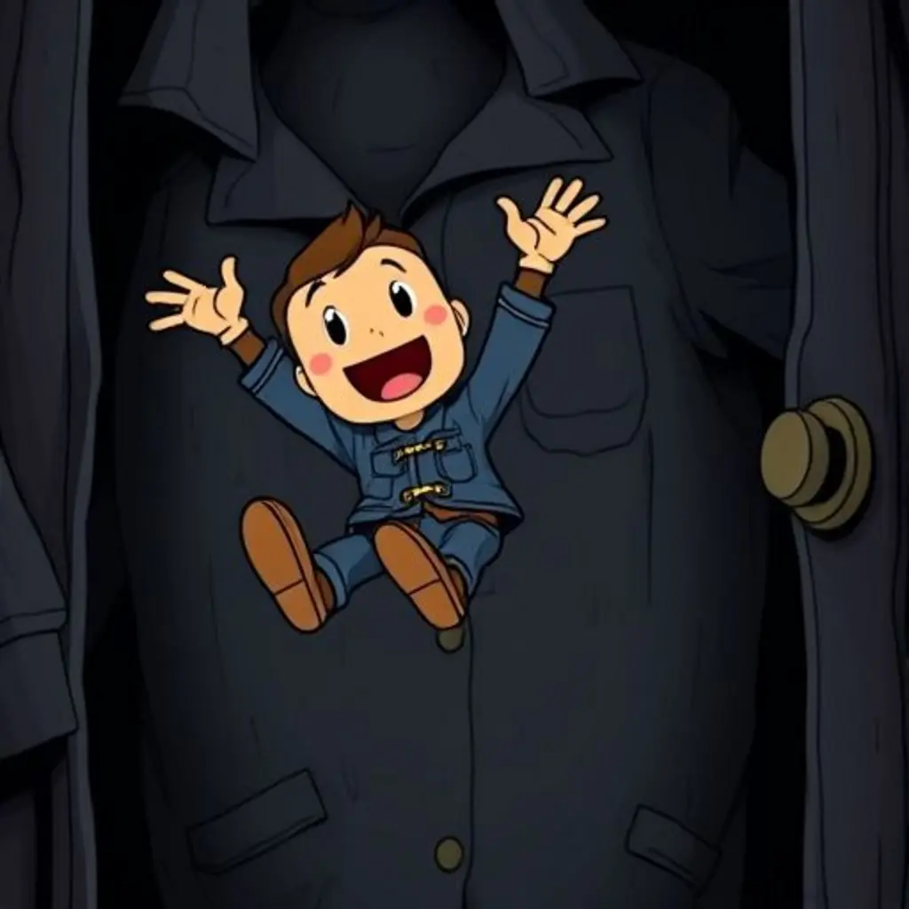 Botoncito Narrador cayendo de una chaqueta en un armario oscuro.