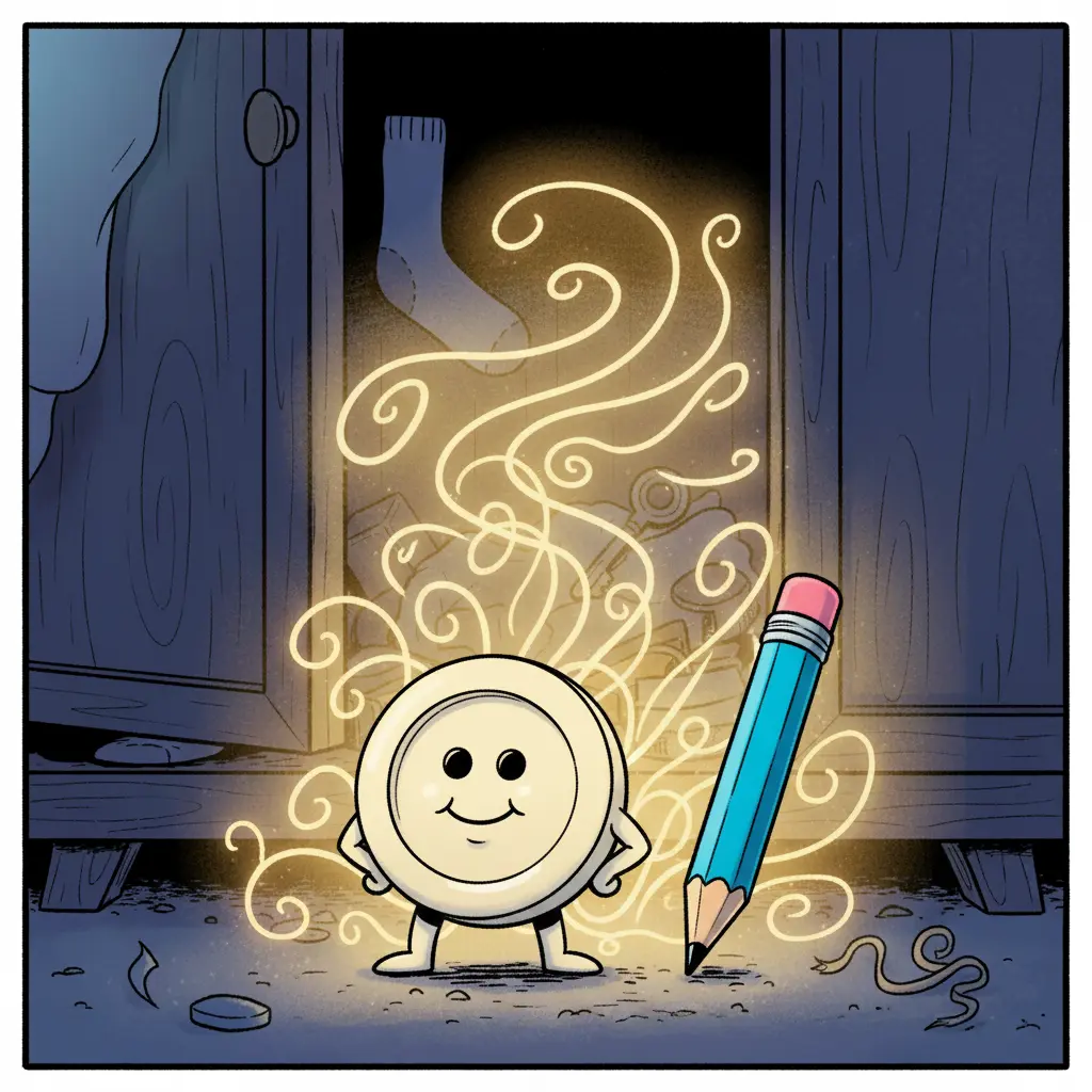 Costura, un botón orgulloso, de pie junto a un lápiz azul, con un sendero brillante de luz detrás.