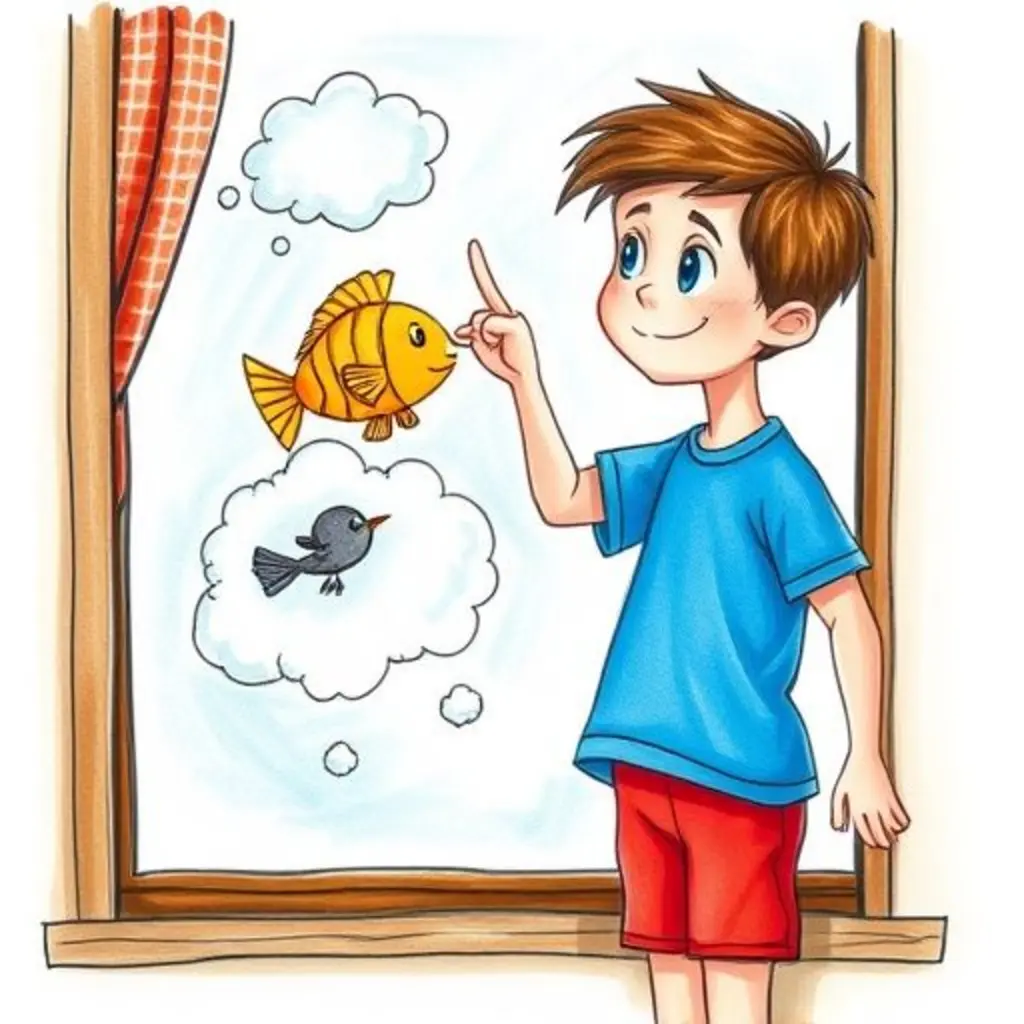 Leo dibuja un pez en el cristal mientras una nube en forma de pez aparece, pero luego señala preocupado a un pajarito de nube atrapado en una nube oscura.