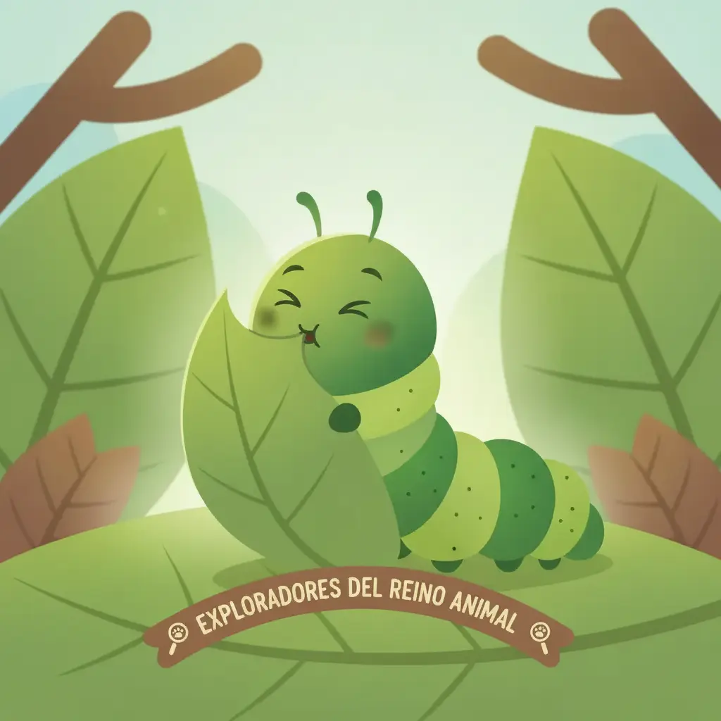 Comilona, la oruga, se prepara para su primer bocado en una hoja verde.