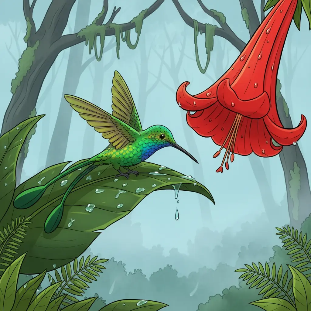 Un colibrí verde brillante con plumas largas en la cola posado cerca de hojas con rocío.