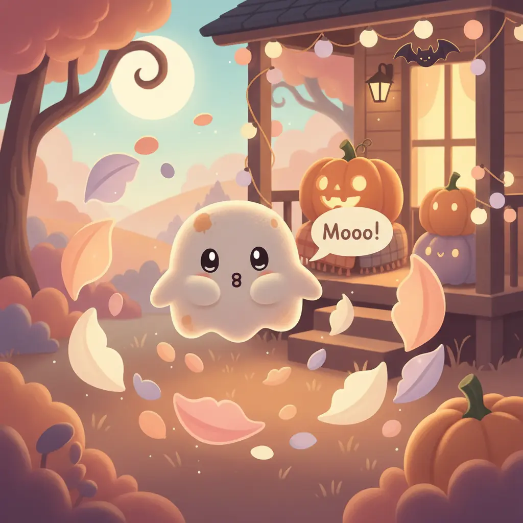 Boo-Blando, un fantasma redondo como un malvavisco, intenta asustar pero solo suena '¡Mooooo!' mientras un murciélago pasa volando.