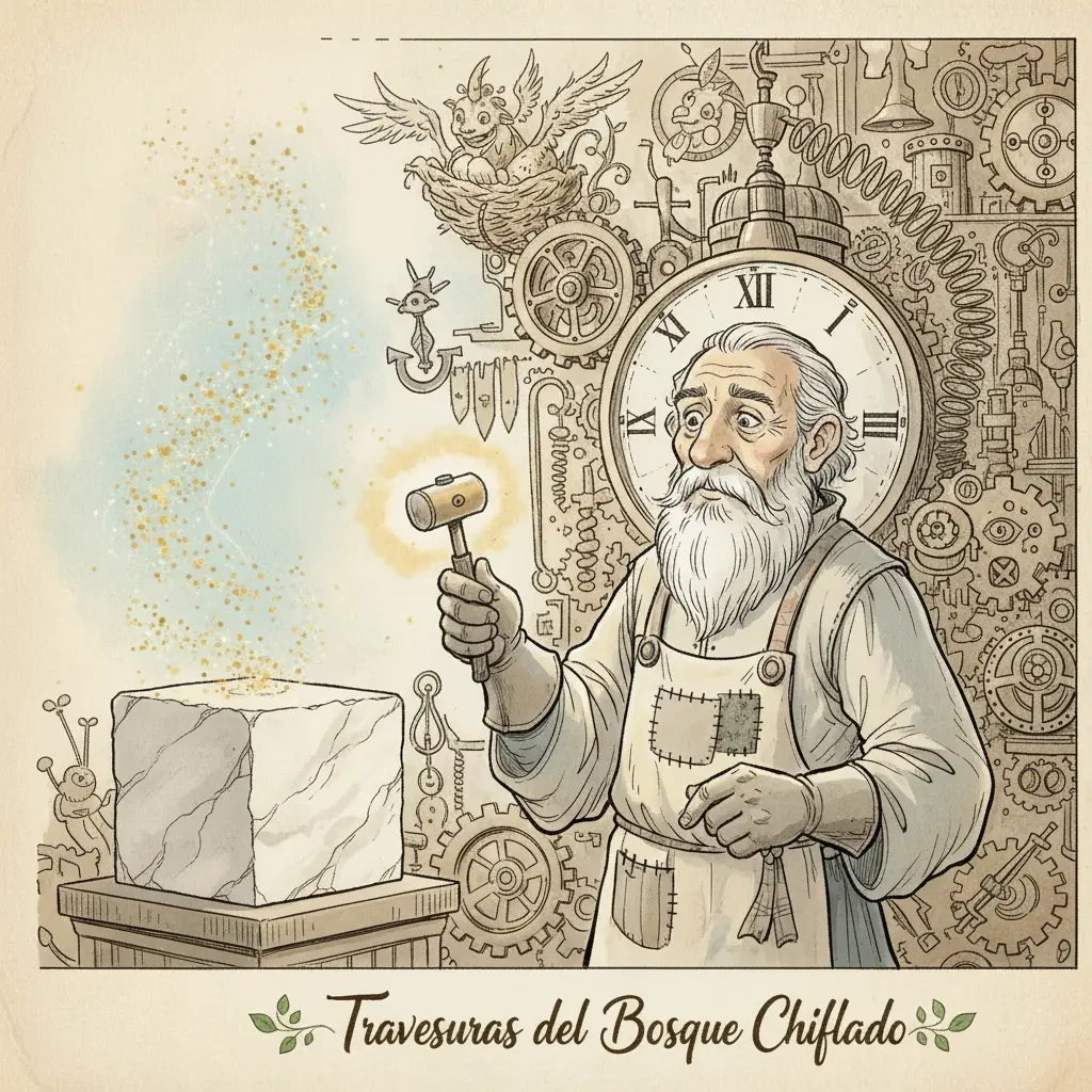 Dédalo, pensativo, sostiene el martillo mientras el mármol vuelve a ser liso, dejando un enigma en el aire.