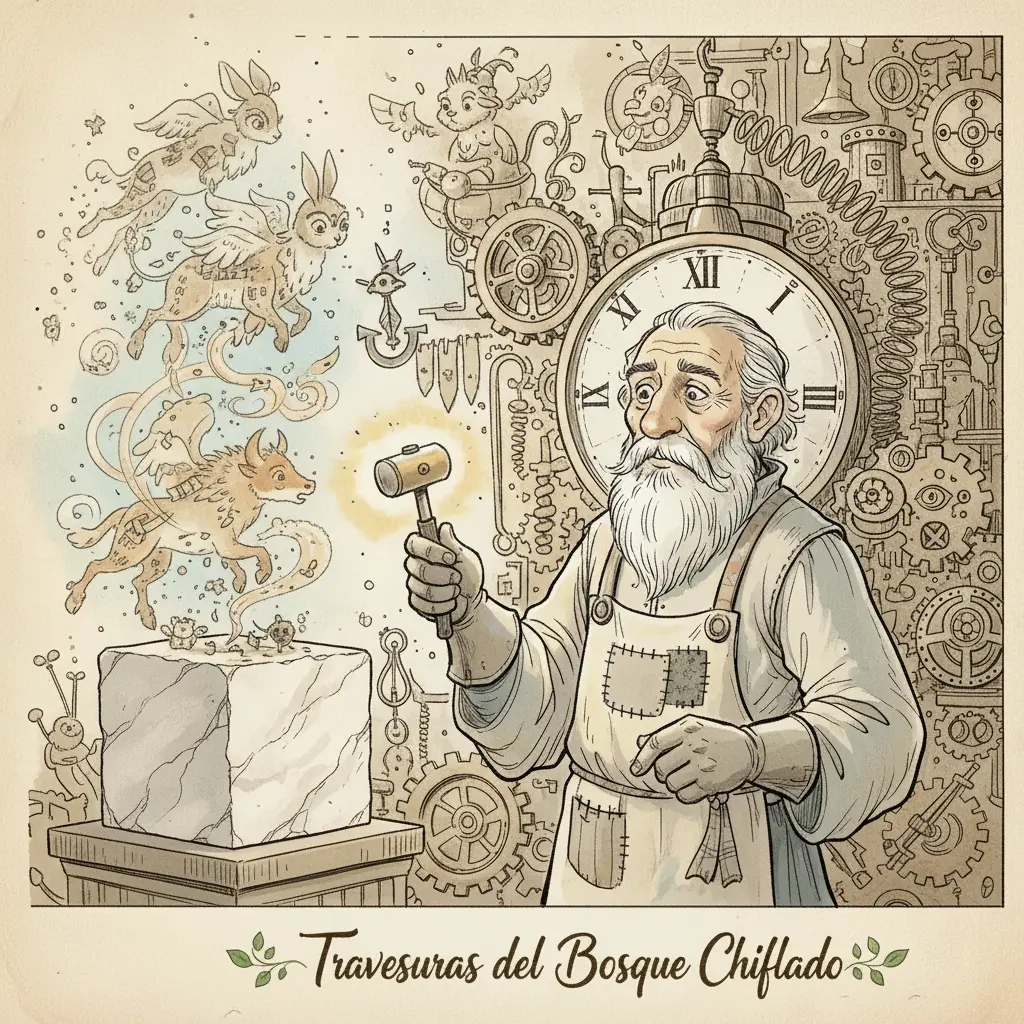 Dédalo en su taller, sosteniendo un pequeño martillo que brilla y vibra suavemente.