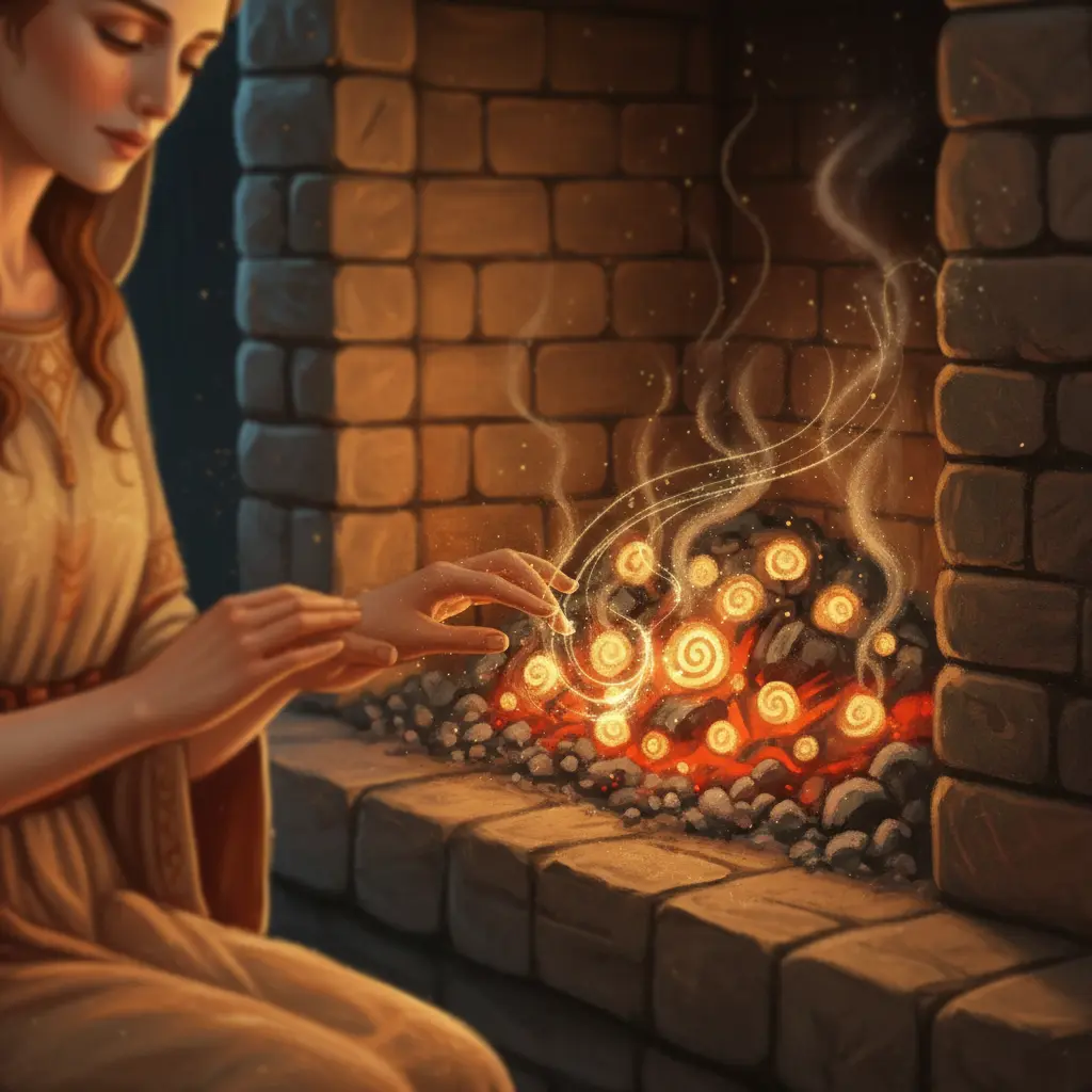 Hestia acaricia una piedra, y una suave melodía etérea surge de ella.