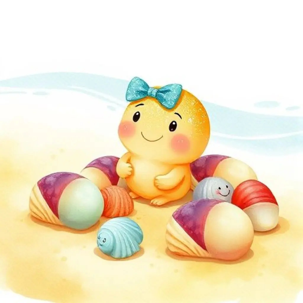 Arenita, un granito de arena dorado, sentada entre conchas sonrientes en la playa.