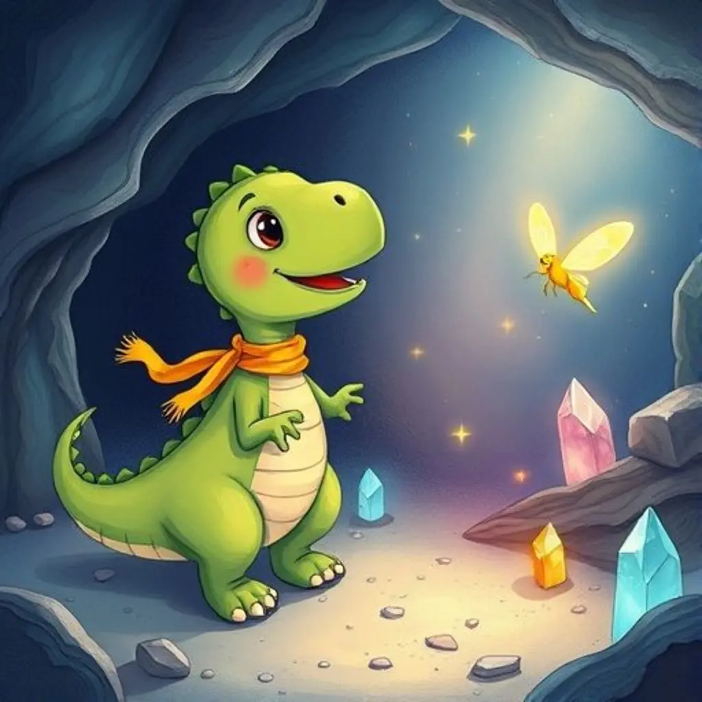 Dino y Luci juegan felices entre las luces danzarinas de los cristales en la cueva.