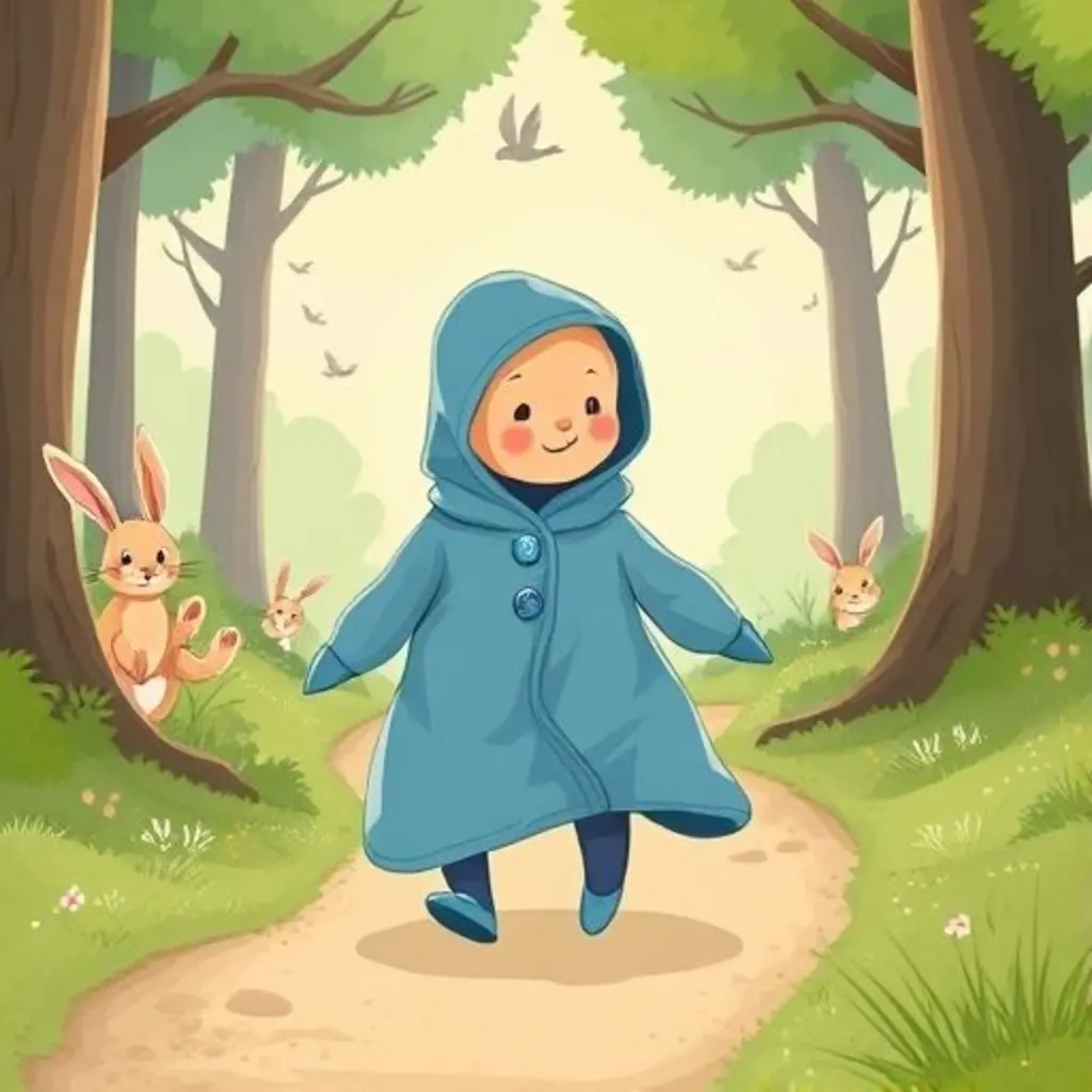 Diro, una manta azul, pasea feliz por el bosque con conejos curiosos.