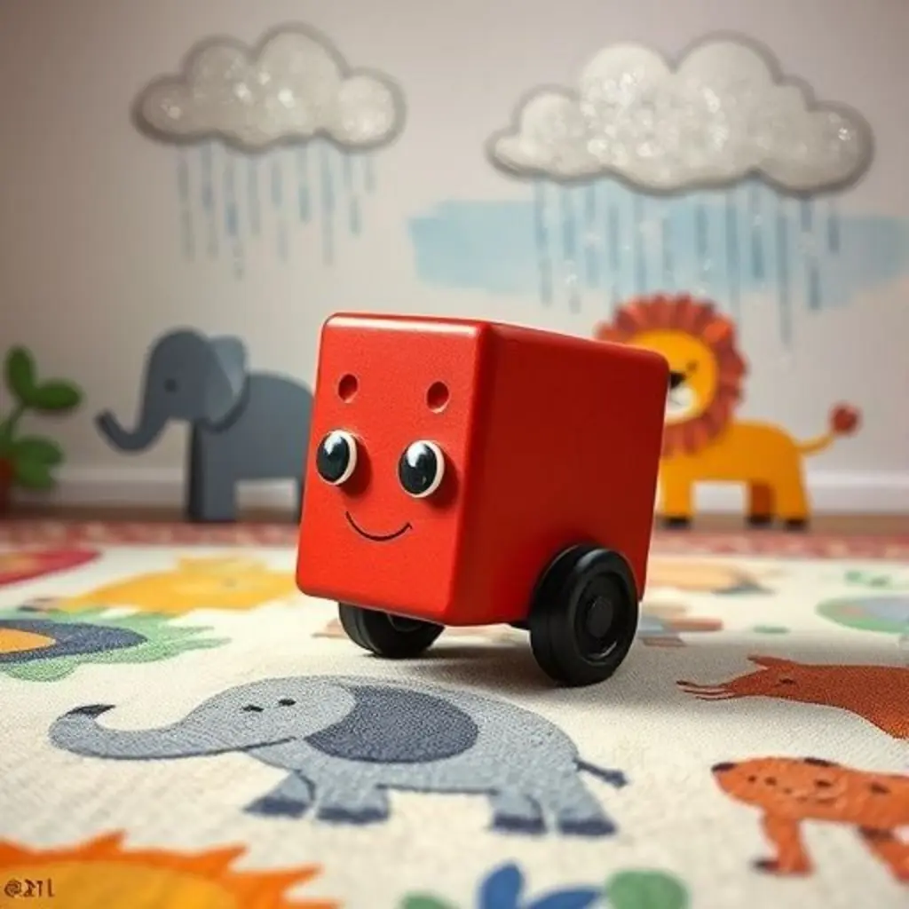 Bloque rueda sobre una alfombra donde un elefante y un león pintados cobran vida, y nubes en la pared llueven brillantina.