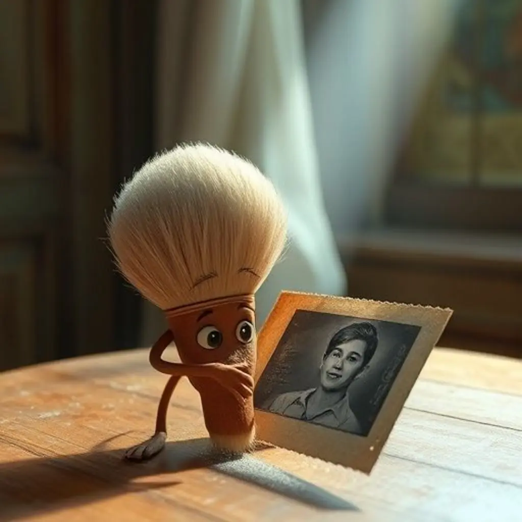 El pincel Recuerdos quitando el polvo de una foto antigua con sus cerdas suaves.