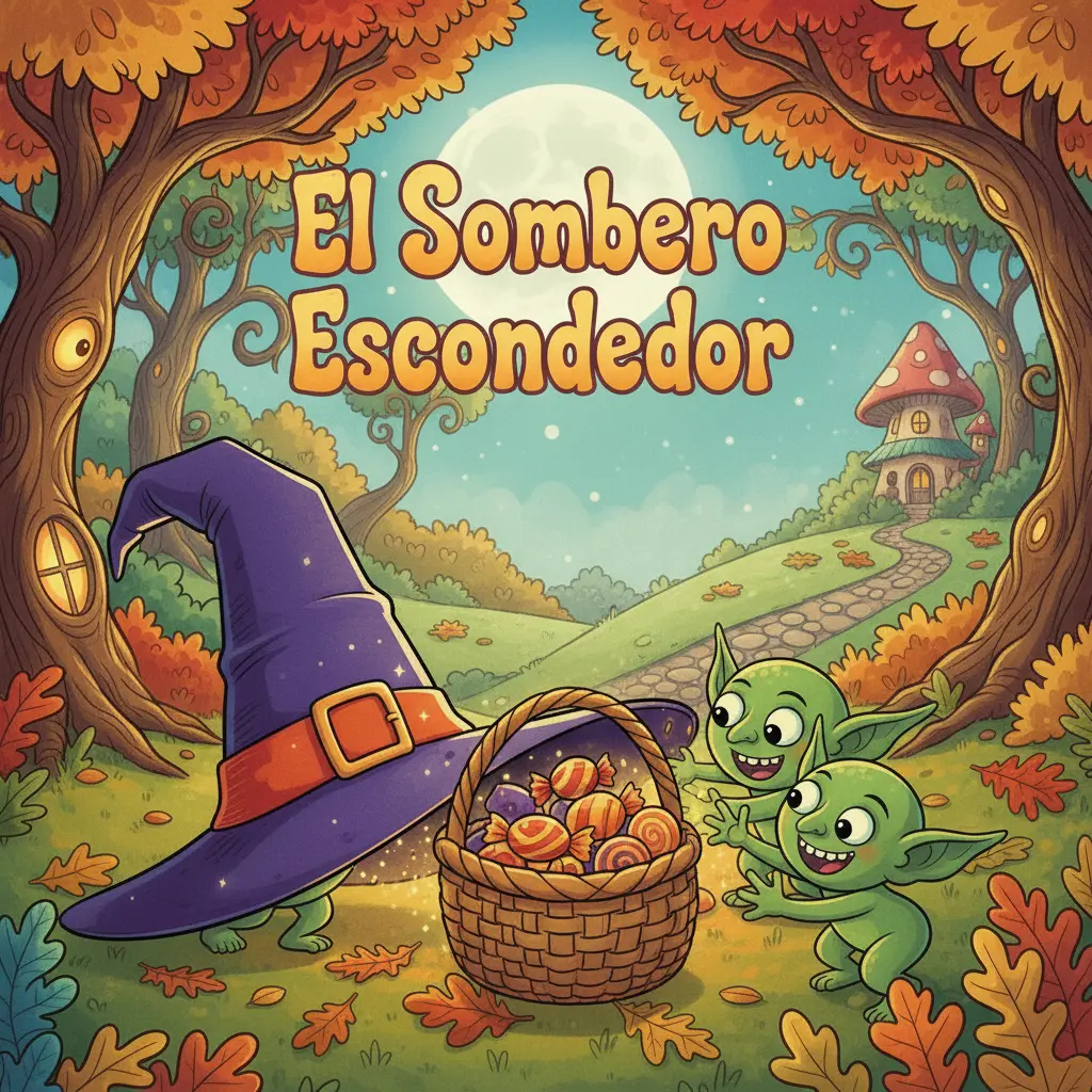 Tres duendes traviesos se acercan sigilosamente a una cesta llena de golosinas brillantes.