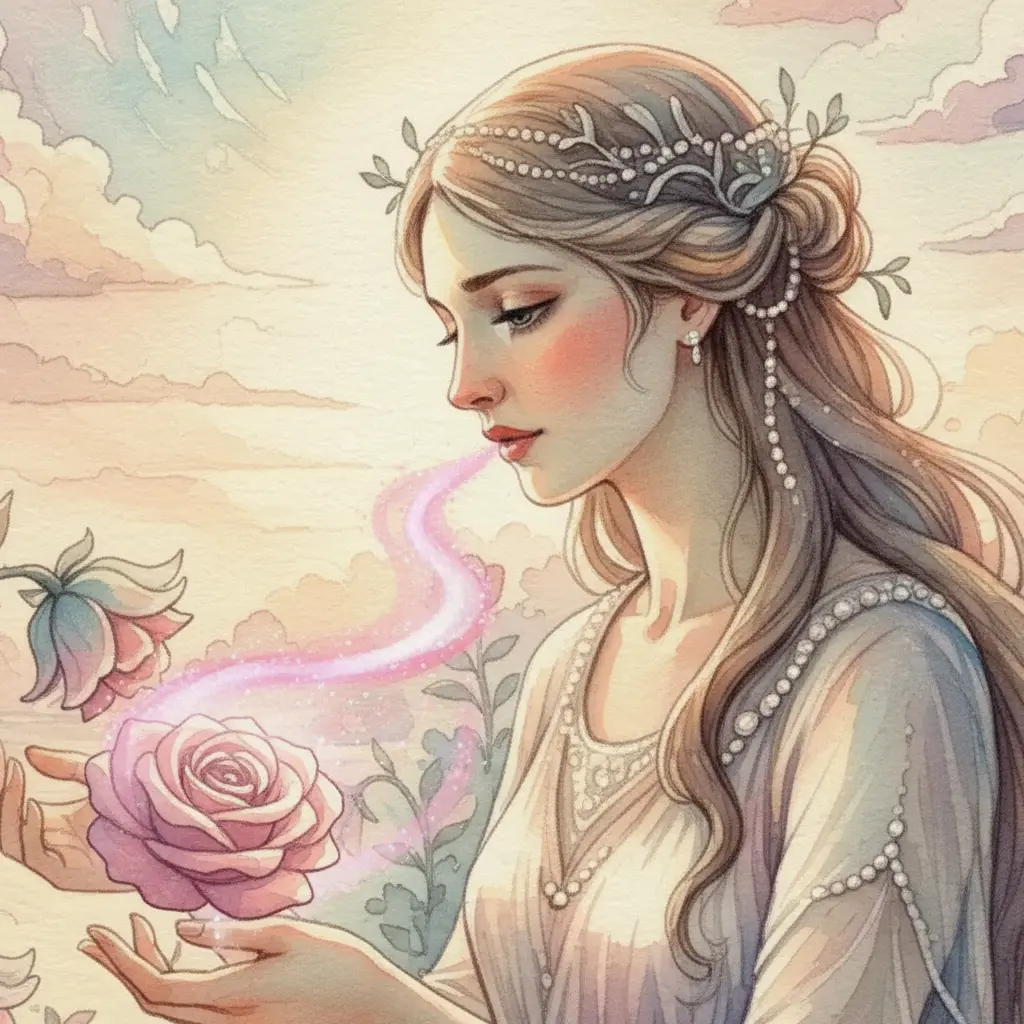 Afrodita se inclinó y susurró palabras de amor a una rosa dormida, y de su aliento nació una brisa mágica.