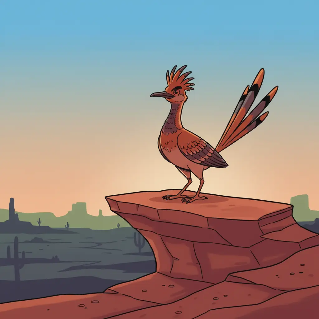 El correcaminos descansa sobre una roca mientras el sol se pone en el desierto.