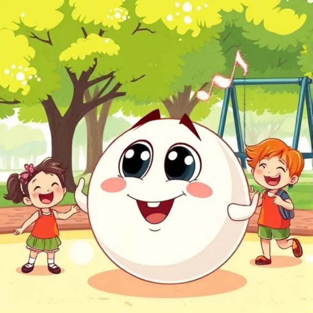 Rebotina, la pelota sin color, rebotando feliz junto a niños riendo en un parque.