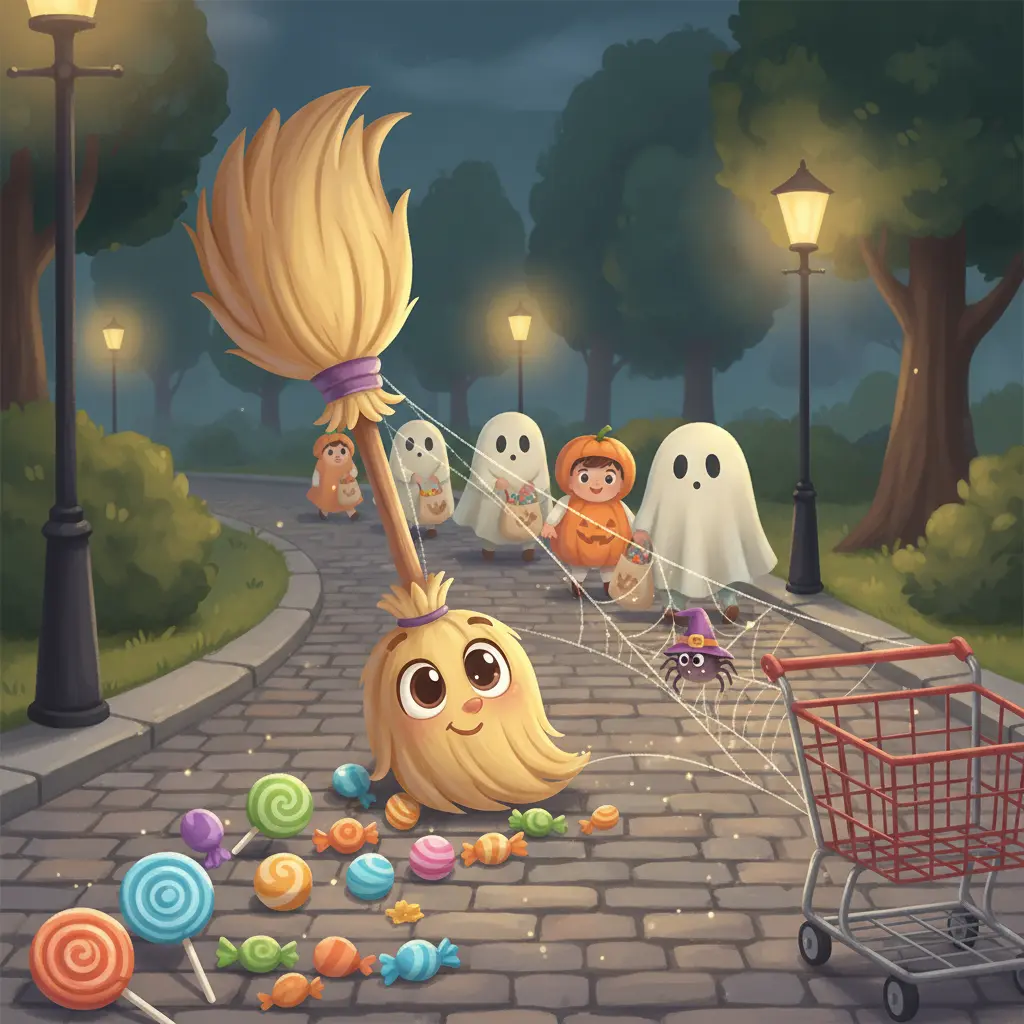 La escoba deslizándose por la calle, recogiendo caramelos caídos de niños disfrazados.