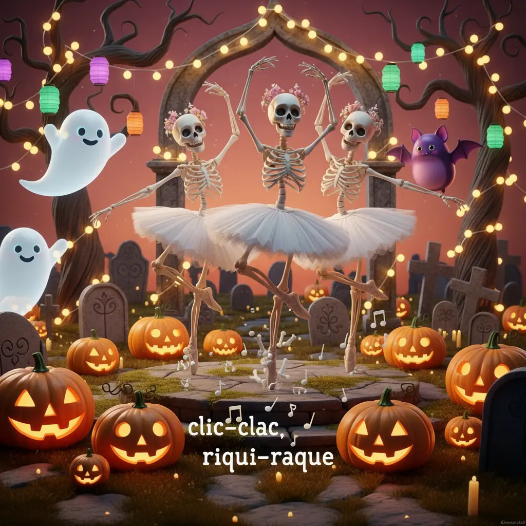 Las calaveras bailan y sus huesos caídos hacen música rítmica, observadas por criaturas amigables.