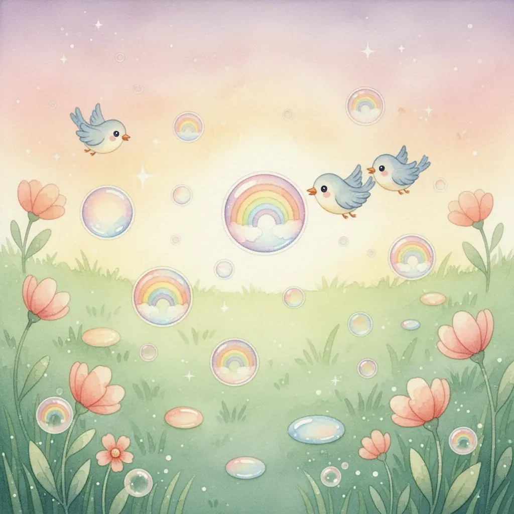 Burbujas de arcoíris flotan por el prado, alegrando a pájaros y flores.