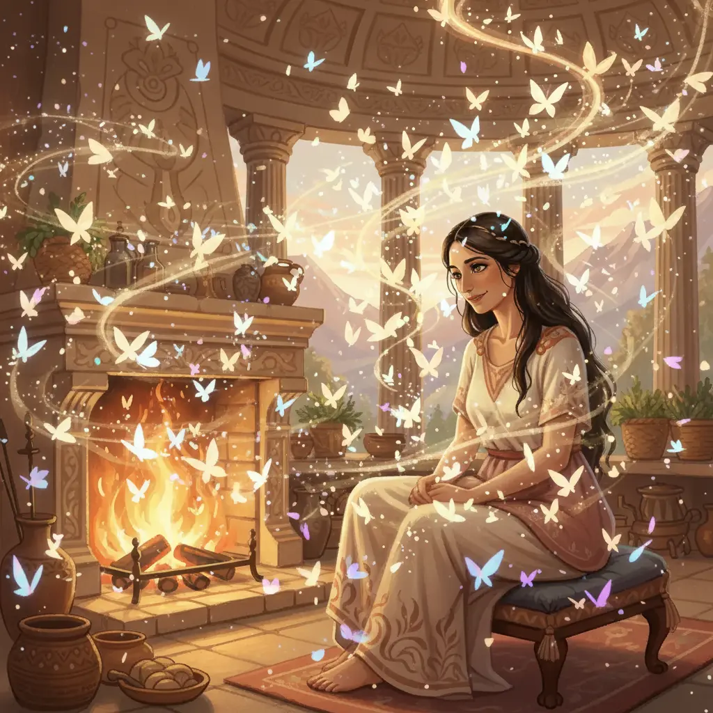 Hestia sonríe con calidez, rodeada de mariposas, viendo la alegría de los dioses.