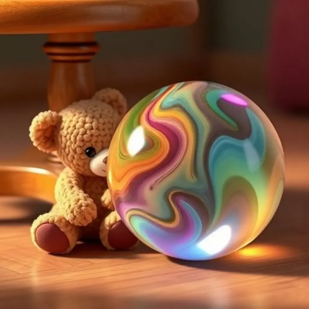 Gira, la canica, choca con la pata de una mesa cerca de un osito de peluche olvidado.