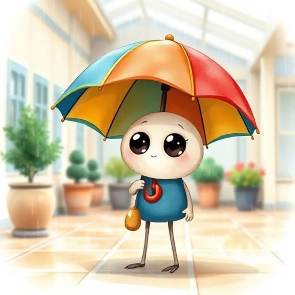 Gotita, un paraguas de juguete, en un patio lluvioso.