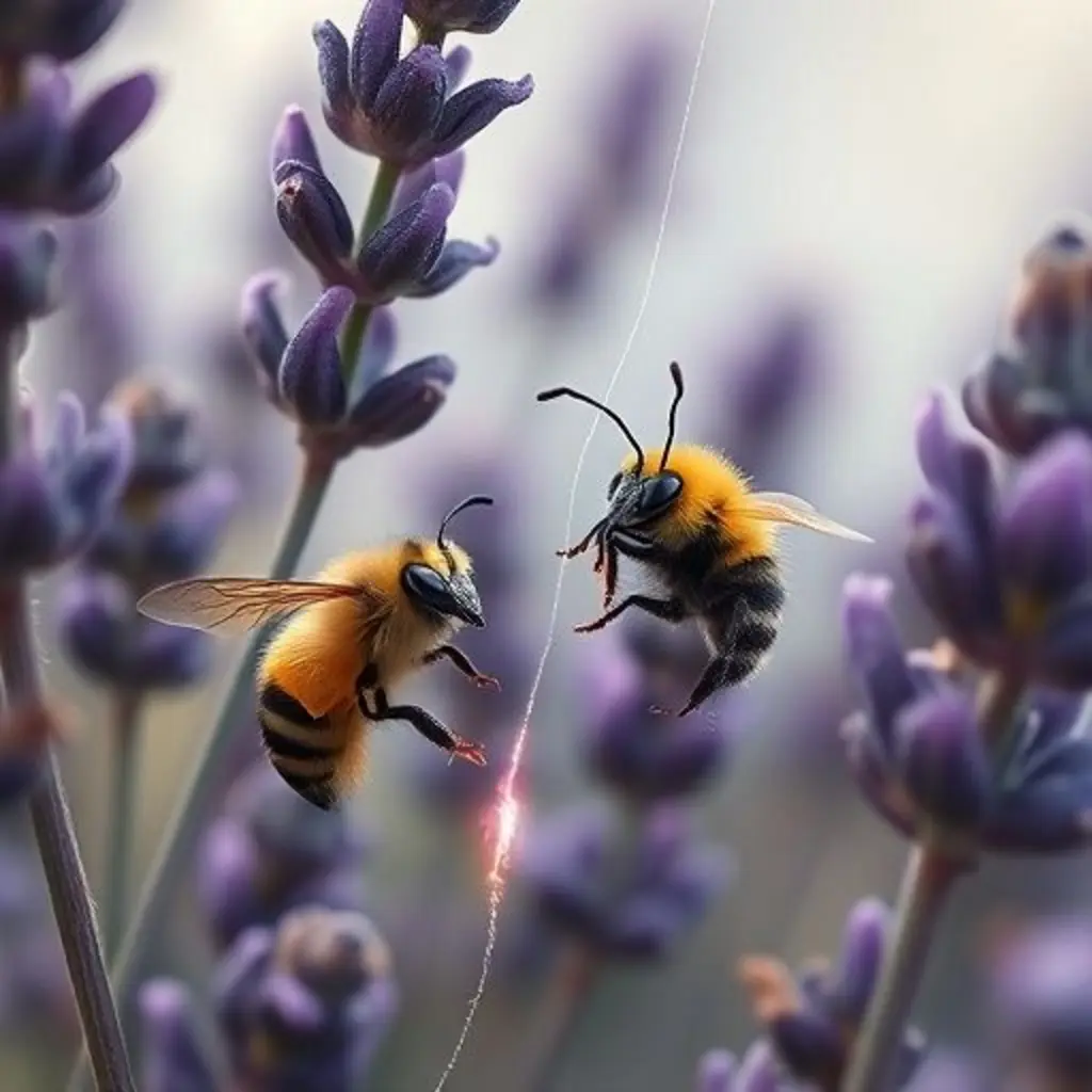 Hilitos vibra más fuerte, contando un secreto a una abeja gordita que escucha atenta.
