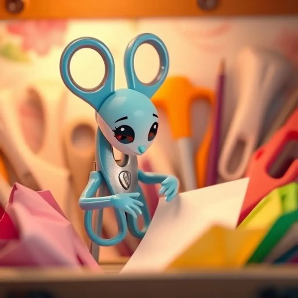 Cortito, las tijeras, mirando un papel de origami en su estuche.