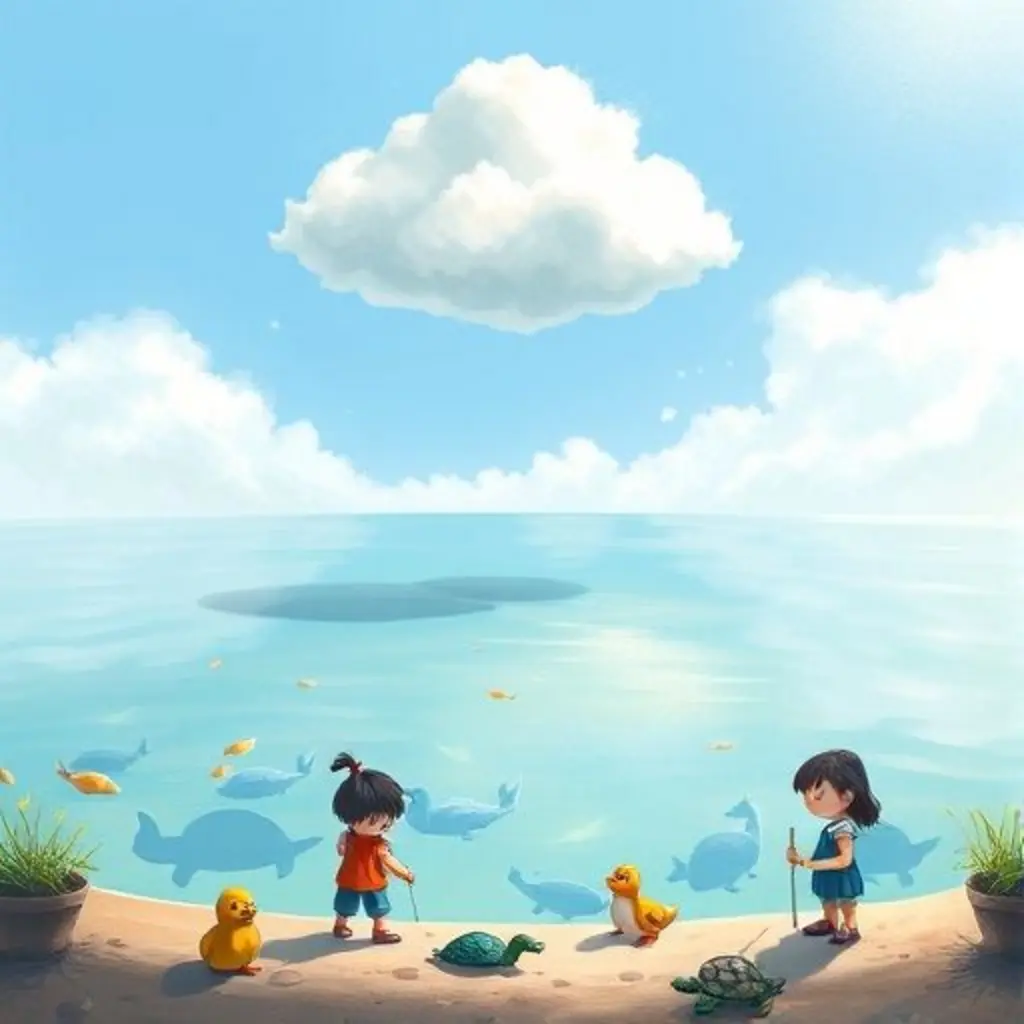 Algodón proyecta felizmente muchas sombras claras de animales en un lago limpio y brillante.