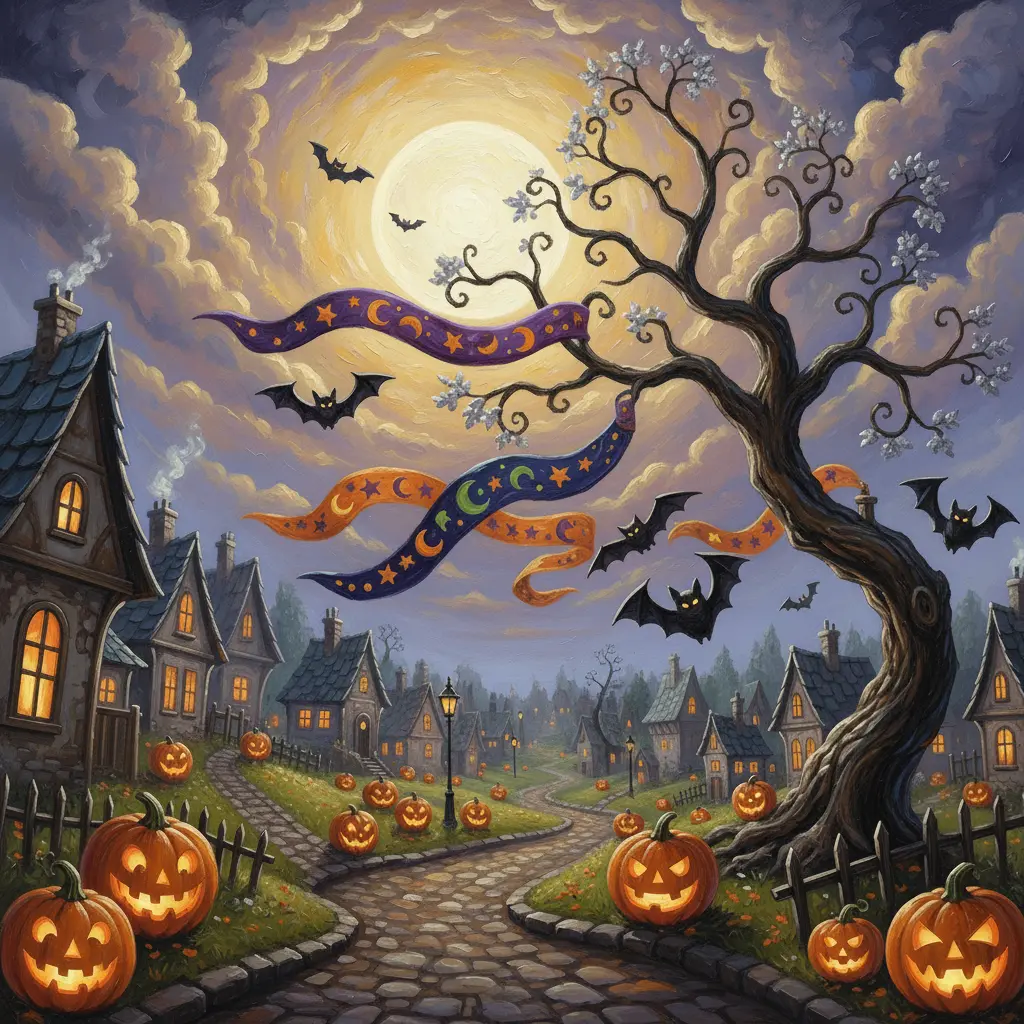 Lily, una niña bruja, con su escoba y cesta de dulces en una sala decorada de Halloween. Un pequeño fantasma triste asoma.