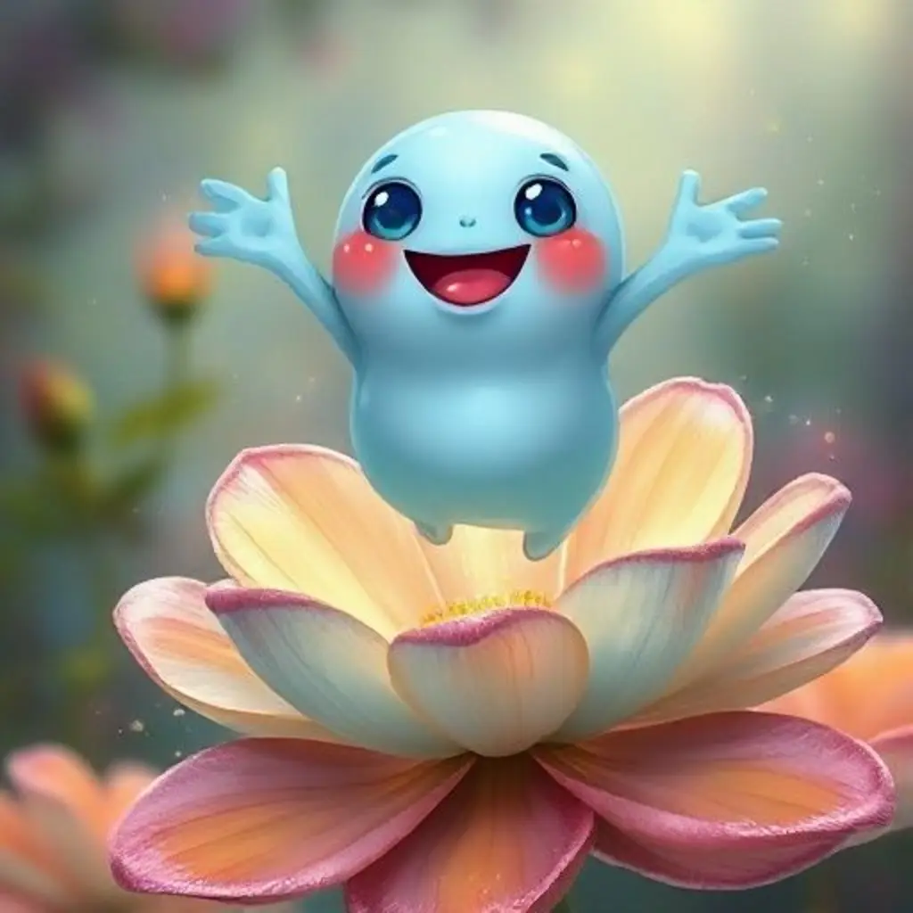 Gomito salta muy alto y feliz sobre una flor mágica que parece un trampolín.