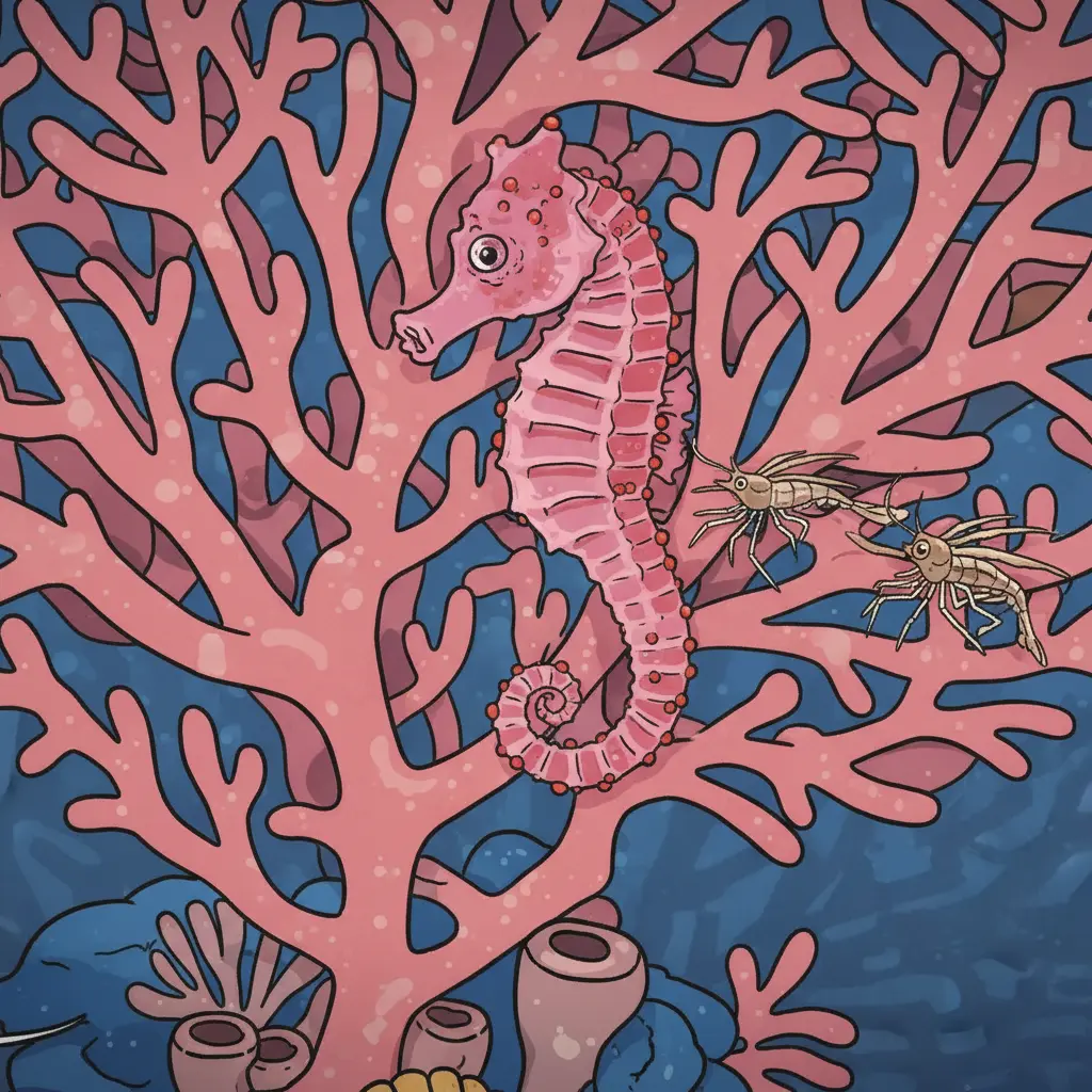 Un caballito de mar pigmeo rosa escondido en una rama de coral.