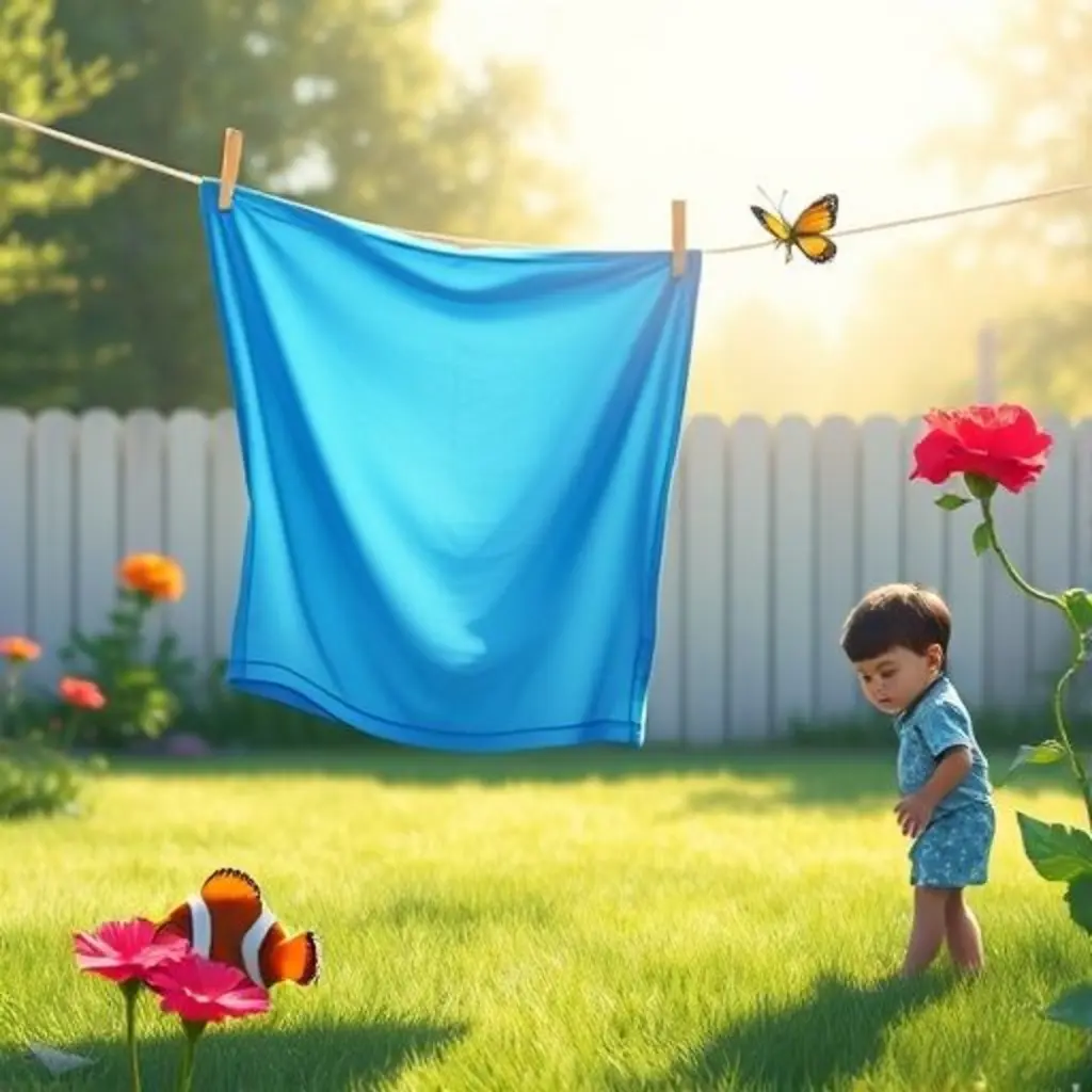Oceano, un gorro de natación azul, se mece en el tendedero mientras un viento mágico crea sombras de peces en el suelo para unos niños asombrados.