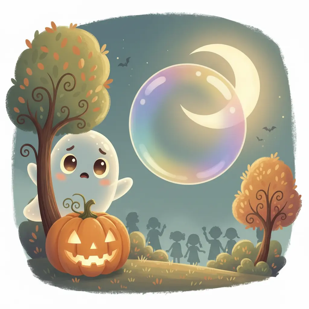 El Fantasma Estornudón estornuda una burbuja gigante que pasa delante de los niños.