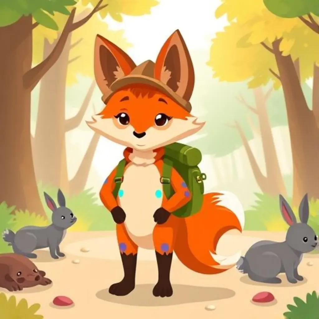 Zorrito Manchas con sus manchas de arcoíris en un bosque, un poco pensativo mientras una niebla suave aparece.