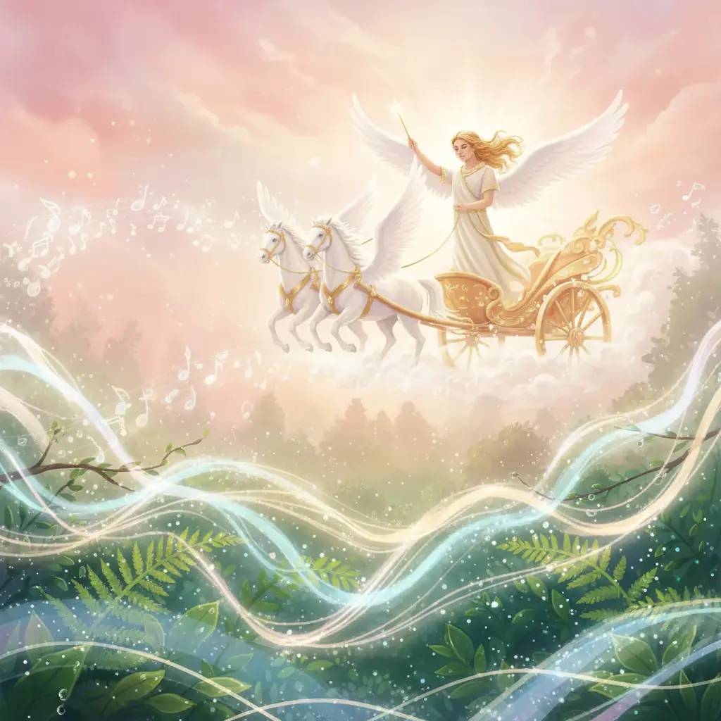 Apolo, radiante y feliz, se convierte en el Director de la Orquesta Matutina, llenando el amanecer de música invisible.