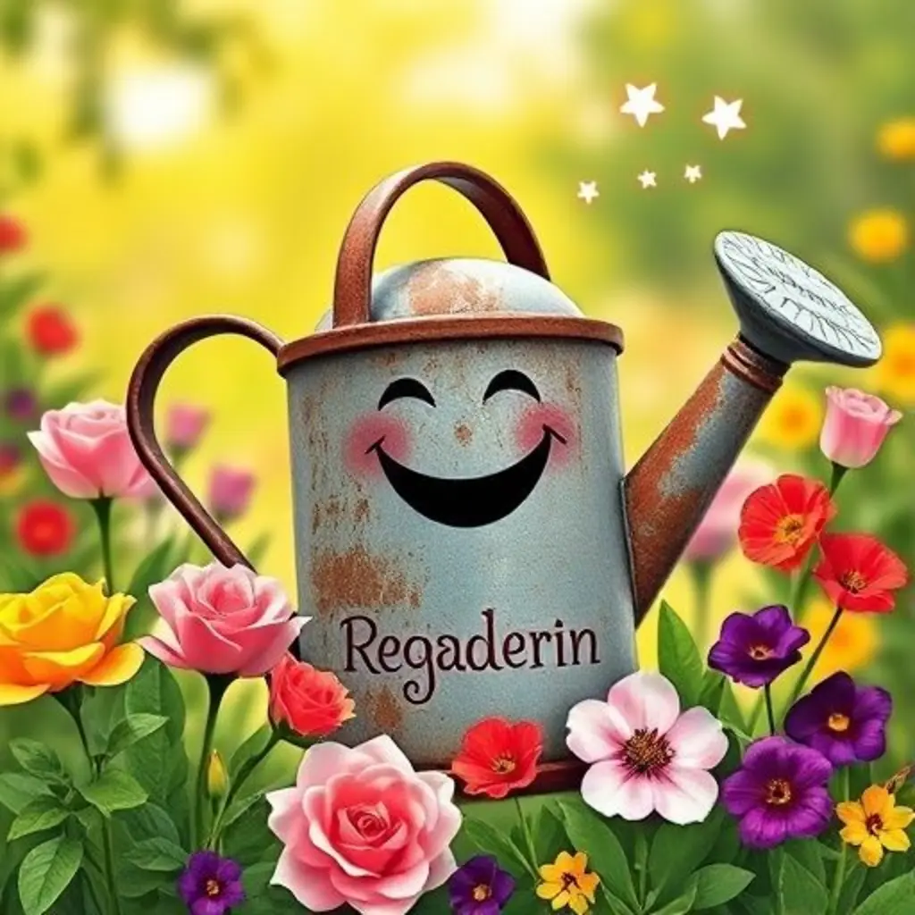 Regaderín, feliz, susurra cuentos a un jardín lleno de flores sonrientes y coloridas.