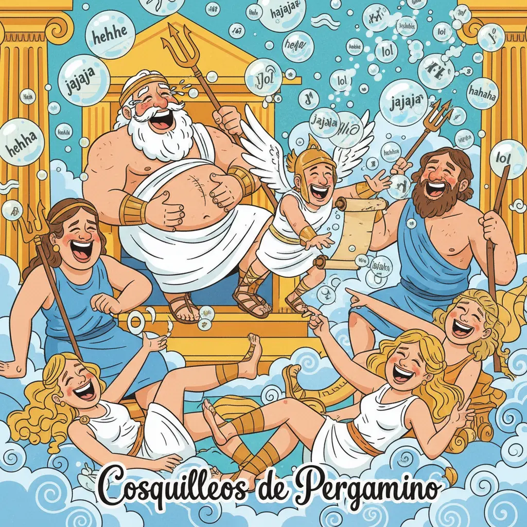 Todo el Olimpo ríe a carcajadas mientras Hermes, sonriente, esparce la alegría con sus mensajes.
