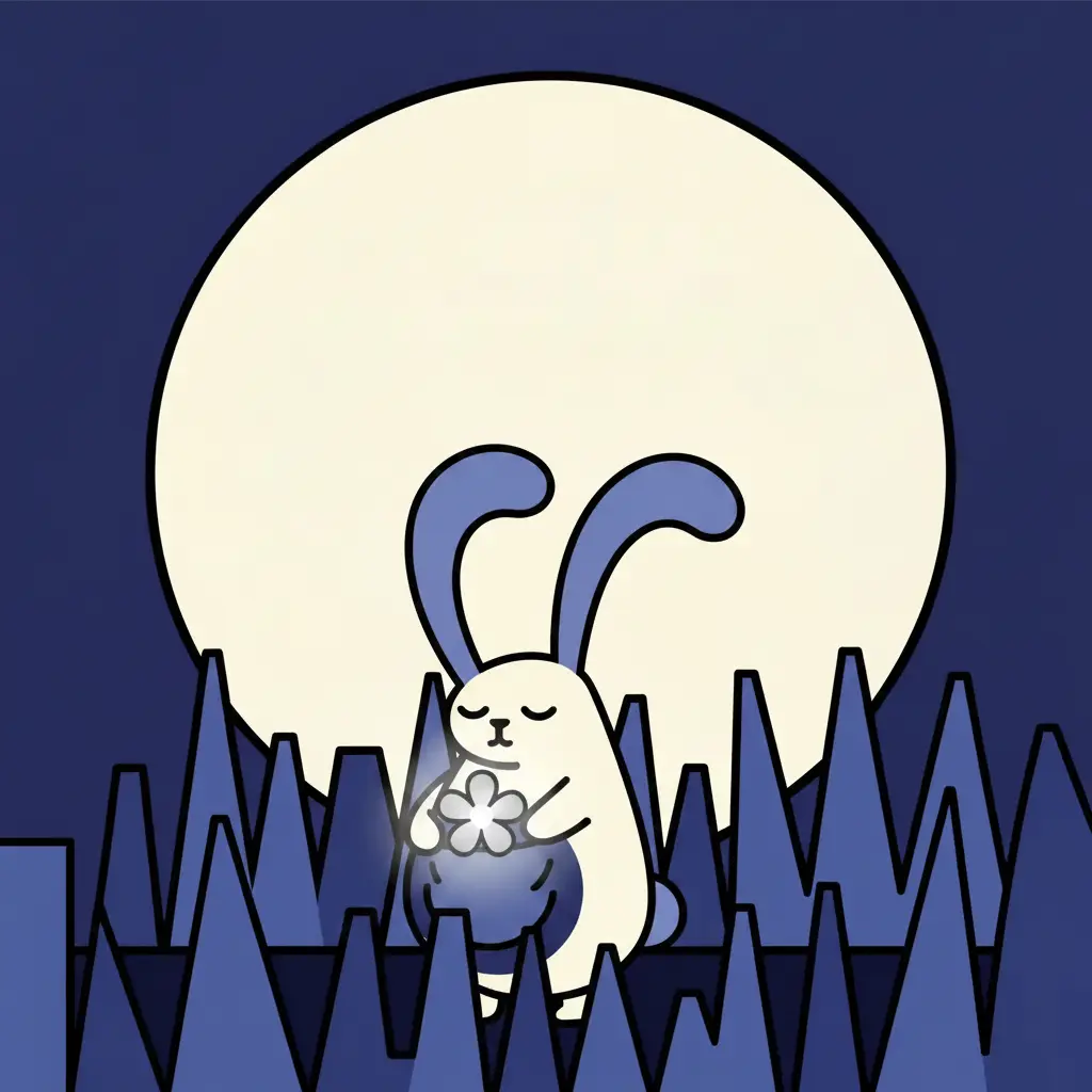 Susa guardando la flor plateada en su barriga azul mientras bosteza.