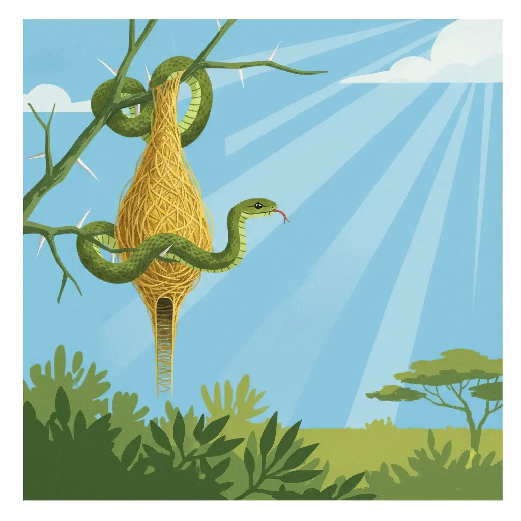 Un nido con forma de pera y un túnel largo, con una serpiente acechando lejos en la rama.