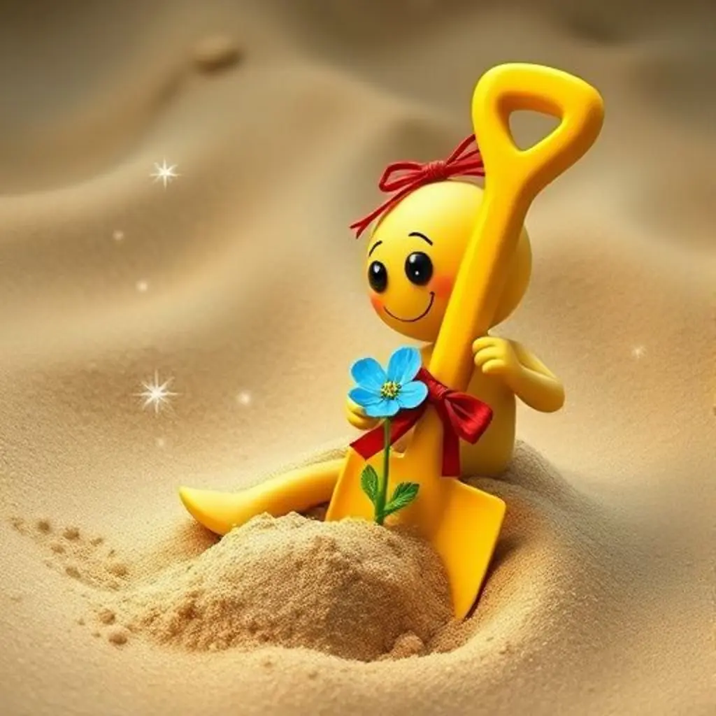 Pala Pequeña, la pala de juguete amarilla, desentierra chispas de risa y una flor azul en el arenero.