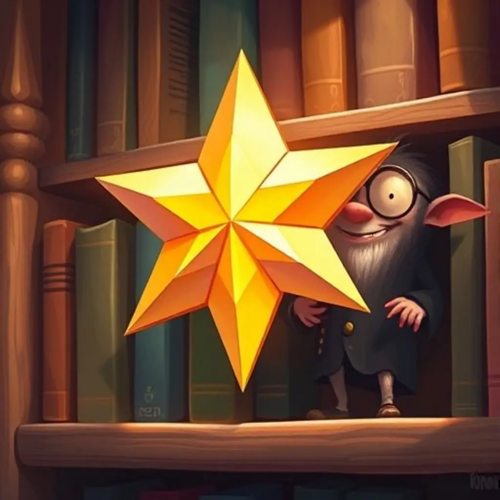 Estrella Cuentos, una estrella de origami, brillando en un estante mientras un libro viejo la mira con curiosidad.