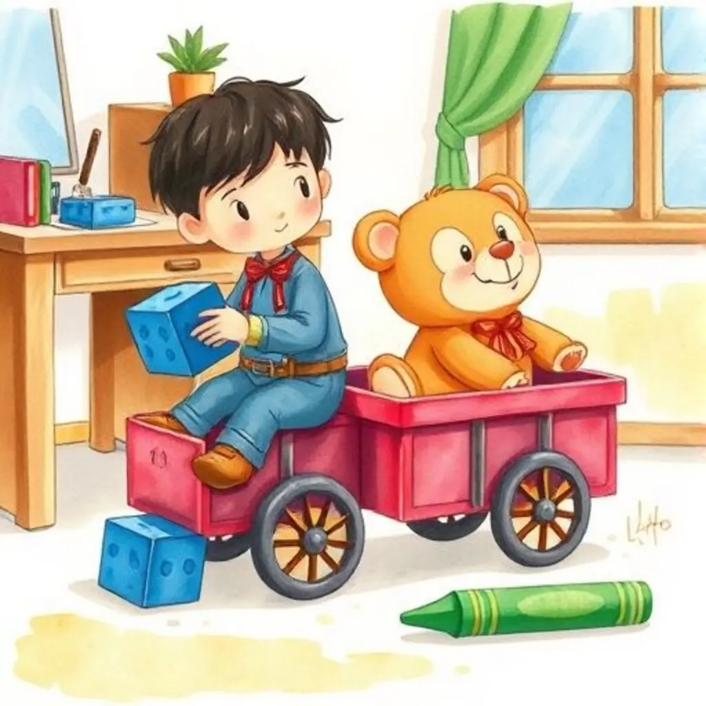 Tren Lito recoge un bloque de construcción y un lápiz de color.