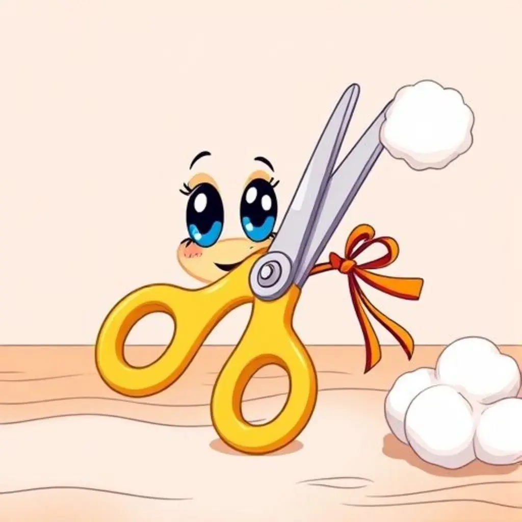 Tijeritas, unas tijeras pequeñas, en una mesa de manualidades mirando una nube de algodón.