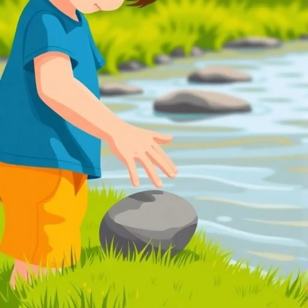 Una mano de niño recogiendo a Tejo, la piedra lisa del río.