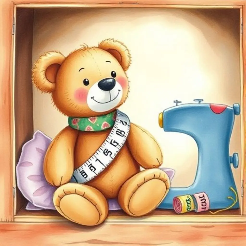 Centímetro regresa a su caja de costura mientras el osito de peluche viste su nueva ropa colorida.