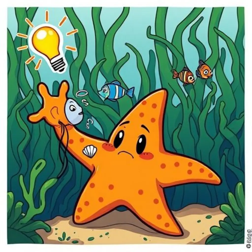 Cortita, la estrella de mar, intenta con sus brazos largos liberar a tres pececitos atrapados en las algas, mientras una bombilla de idea se enciende sobre su cabeza.