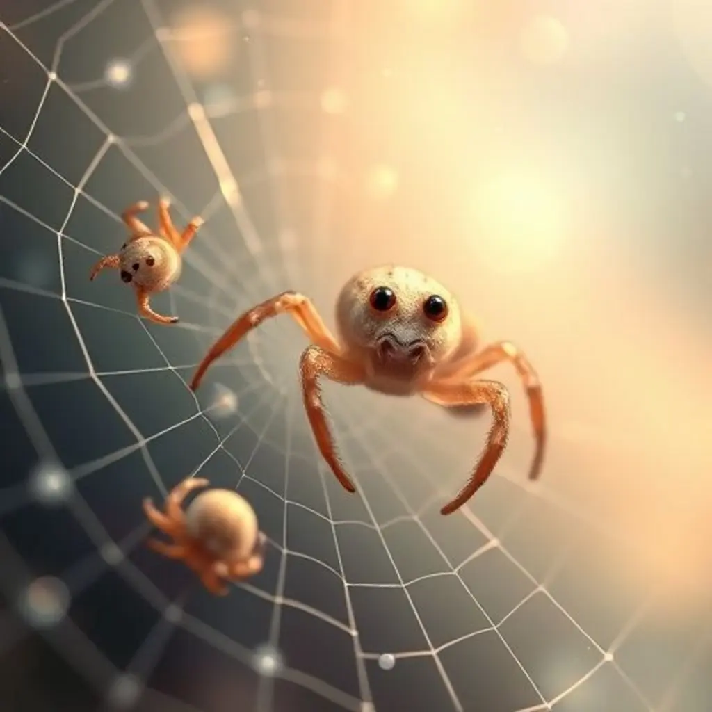 Hoja Melodía se mece en la telaraña mientras arañitas curiosas escuchan.