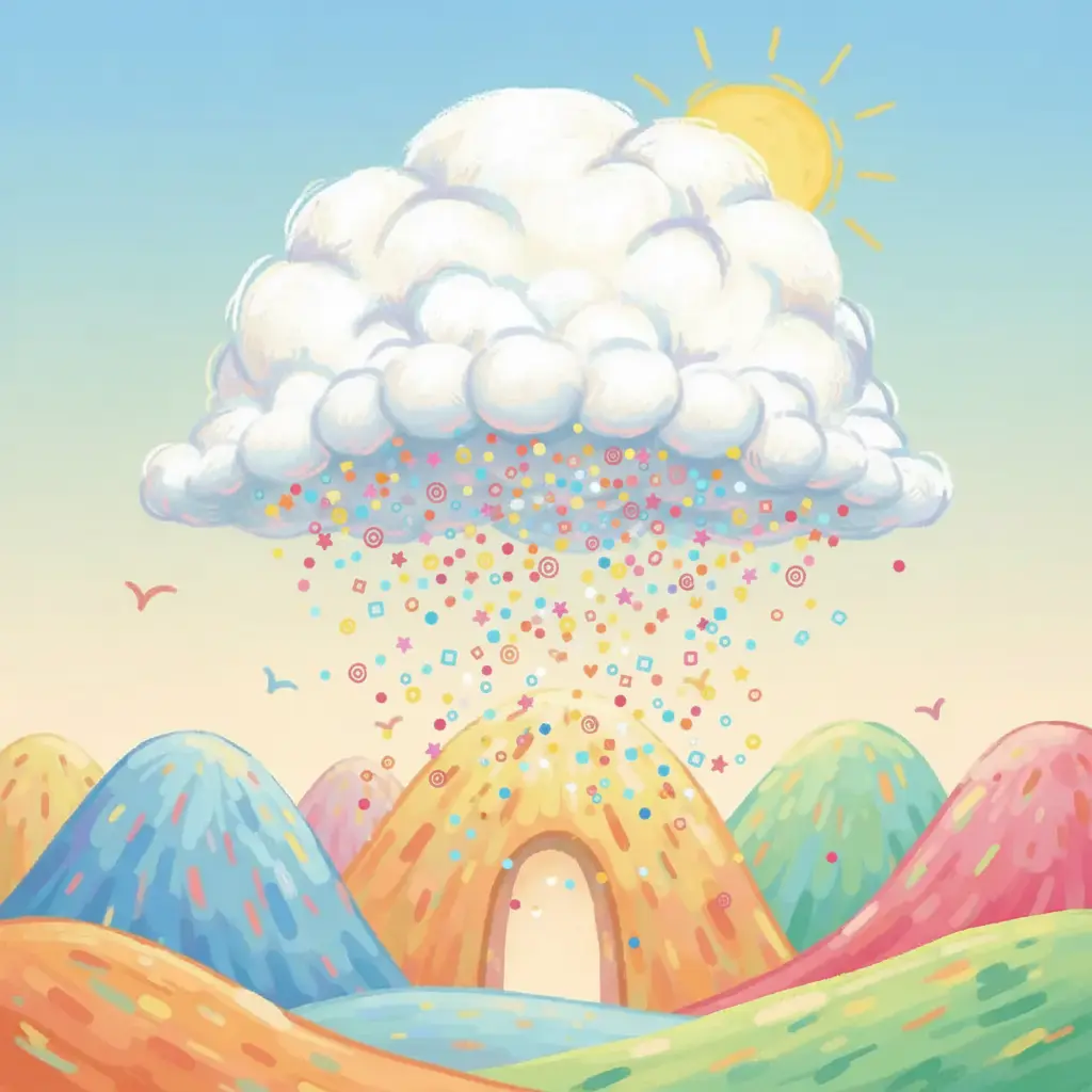 La nube, riendo a carcajadas, esparce confeti mágico sobre todo el reino de Auralia.