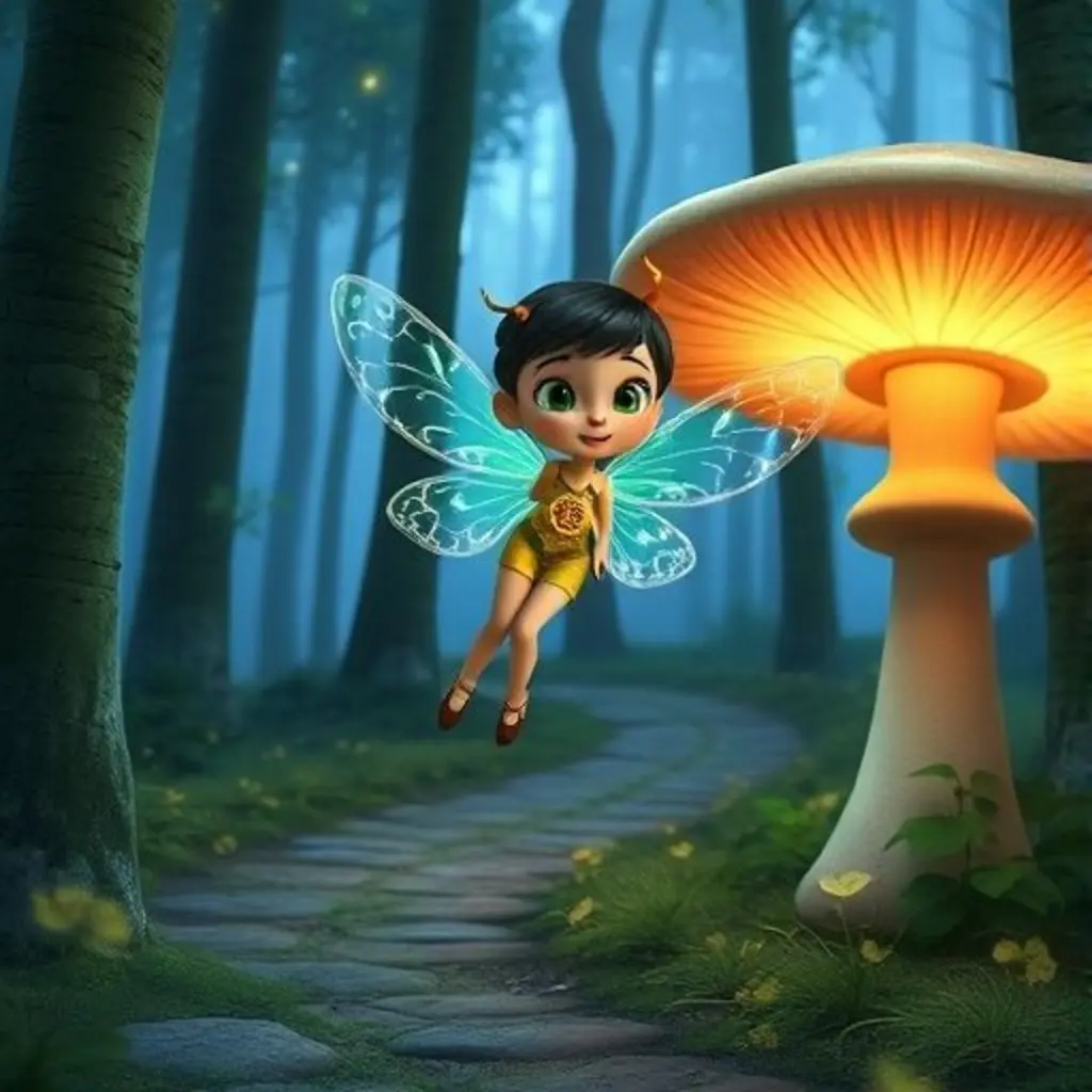 Lumi vuela por el bosque y encuentra a Mora, una mariposa tímida, junto a una seta brillante.