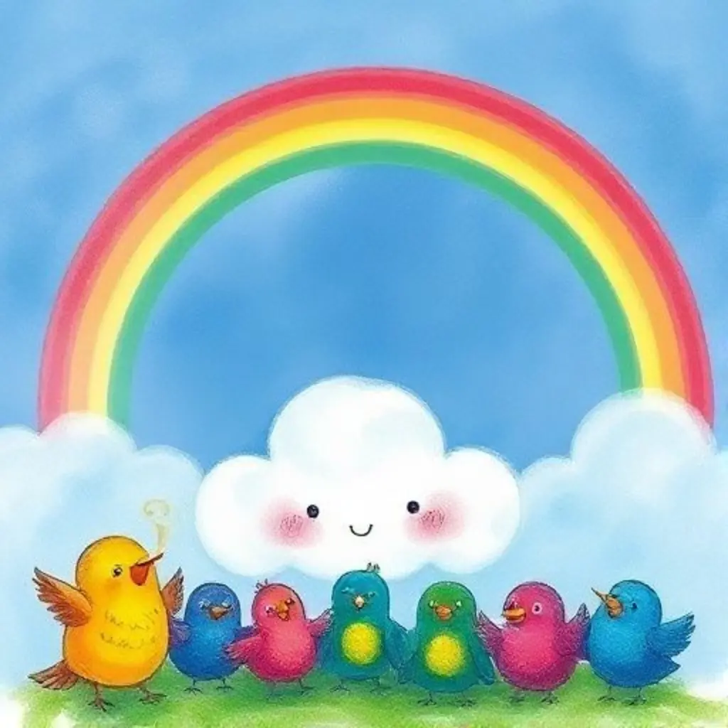 Nubelet la nube y pajaritos de colores soplan juntos para hacer un arcoíris.