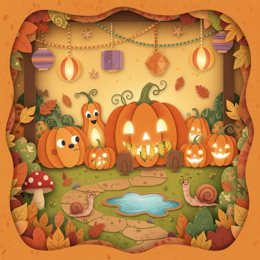 Pepita rueda por el huerto, pregunta a otras calabazas con dientes de maíz, y un gusanito le da una idea.